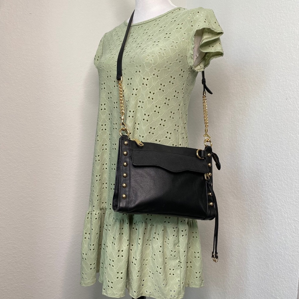 Rebecca Minkoff M.A.B. Black Leather Studded Flap Crossbody Chain Shoulder Bag - Picture 3 of 11